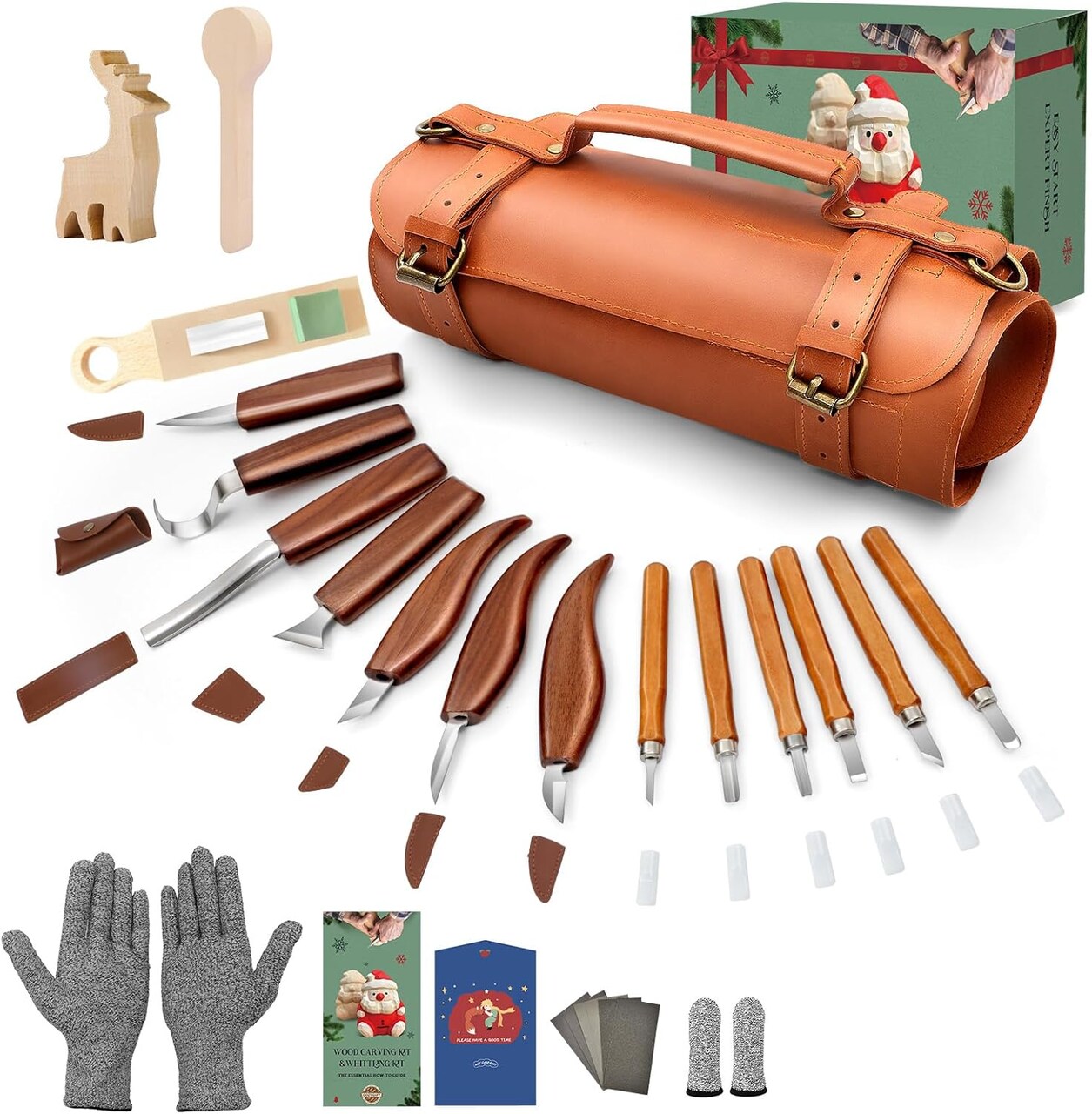 Wood Carving Kit for Adults & Teens – 31-Piece Whittling Tools Set with Pre-Carved Basswood Blanks, Sharpening Stone & Leather Roll – Beginner-Friendly Woodworking Kit
